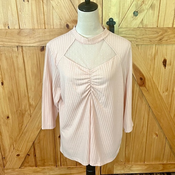 Como Blu Ladies Light Peach Ruched Ribbed Blouse with Mandarin Collar - Picture 10 of 10